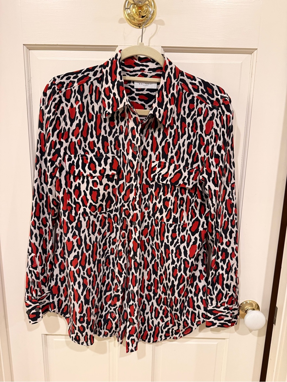 Equipment Red Black and White Leopard Print Silk Blouse